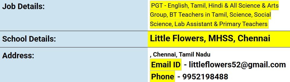 School Jobs at  Little Flowers, MHSS, Chennai ,  Chennai